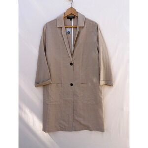 Miss Love Women Tan 100% Linen Duster Coat Long Jacket Khaki J41030-A Size M
